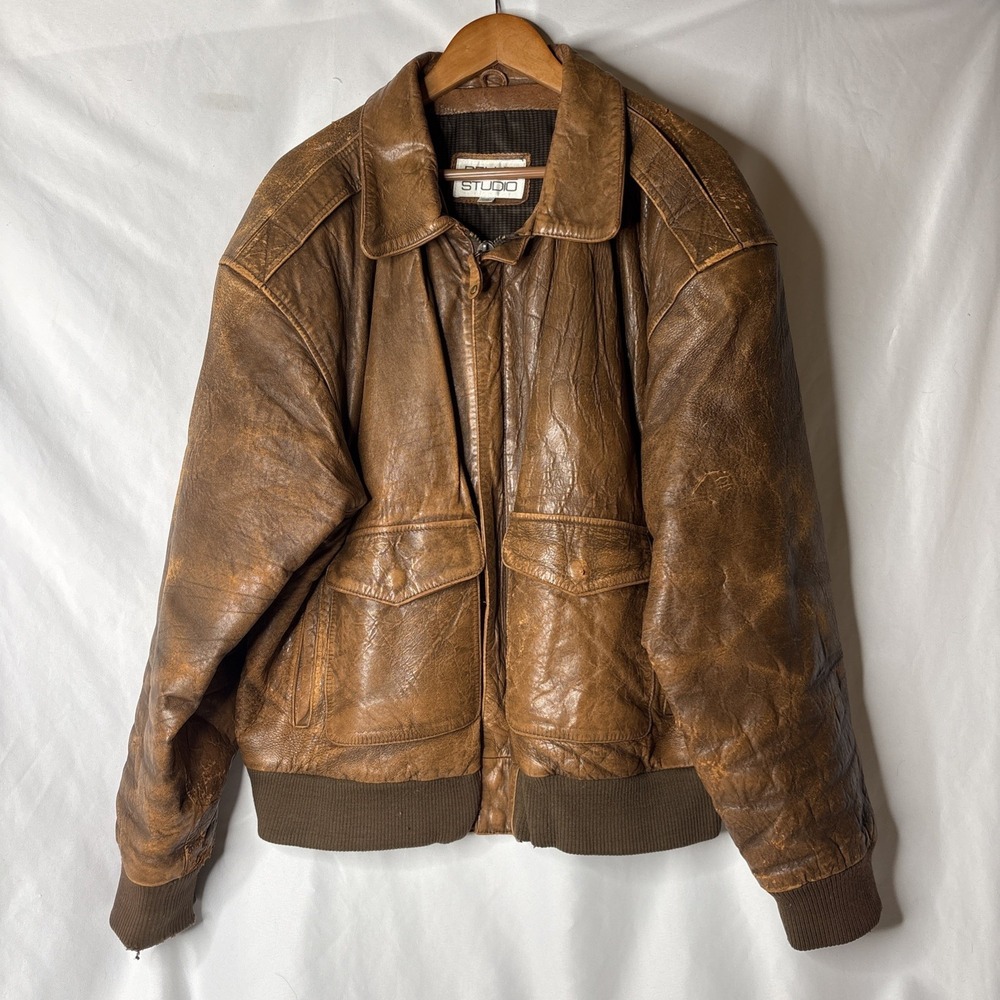 Vtg 90s Pelle Studio Leather Men's XL Bomber Brown A-2 Flight Distressed Jacket
